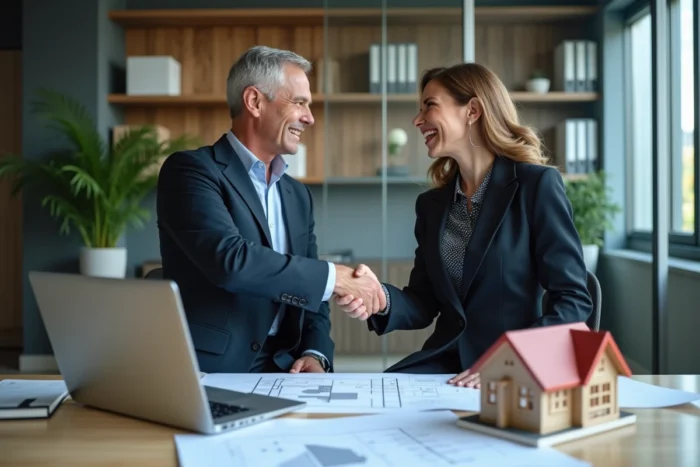 Deux professionnels de l'immobilier signant un accord d'investissement dans une salle de réunion d'agence