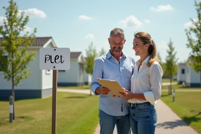 Couple et agent immobilier visitant une parcelle dans un parc résidentiel de loisirs