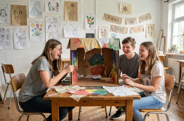 Adolescents créant ensemble un théâtre miniature en carton dans un espace artistique communautaire, symbole de l'imagination collective et de l'univers des Enfants Terribles
