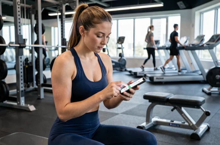 Jeune femme consultant les conditions d'inscription à Basic Fit sur son smartphone dans une salle de musculation