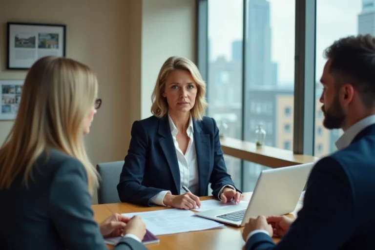 Agente immobilière professionnelle présentant des documents d'investissement à un couple dans une agence moderne