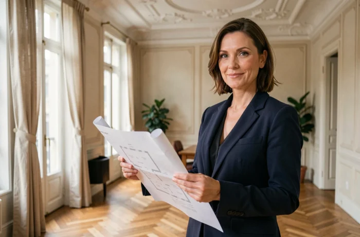 Femme agent immobilière tenant un plan d'appartement dans un appartement haussmannien parisien avec parquet en chevrons