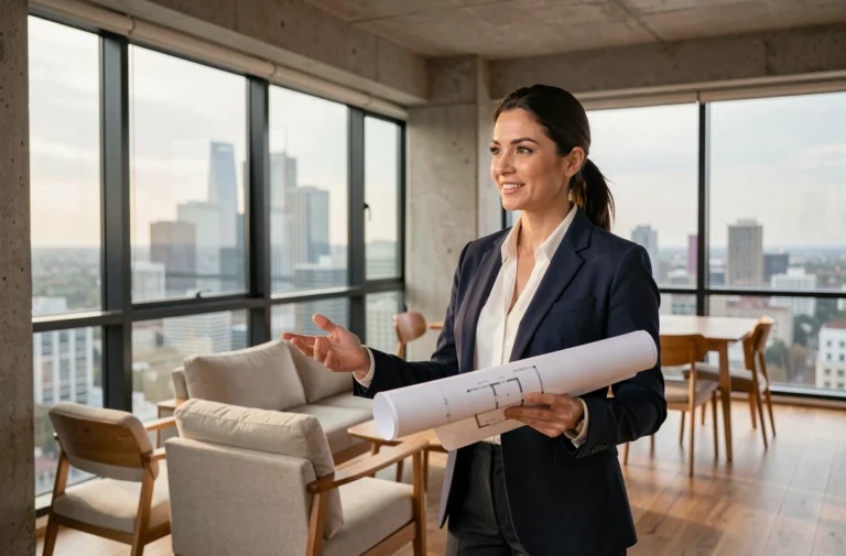 Agent immobilière présentant un appartement moderne avec vue sur la ville, tenant des plans architecturaux dans un intérieur design et lumineux