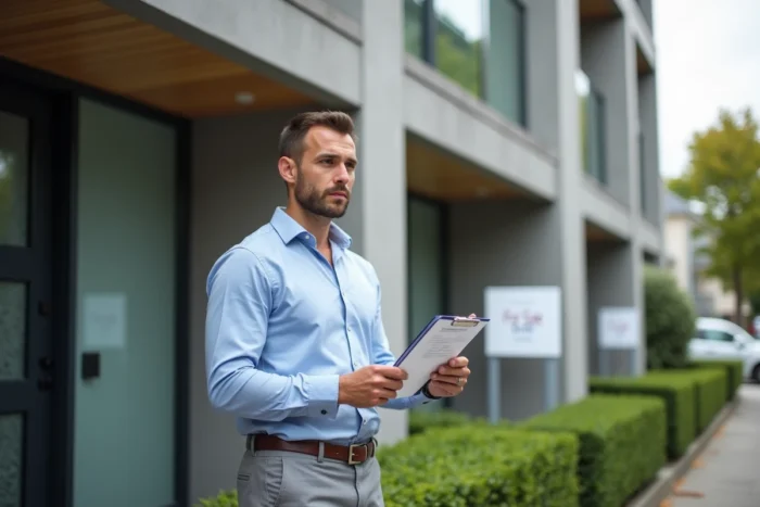 Agent immobilier évaluant un immeuble résidentiel moderne en extérieur avec des fiches de propriété
