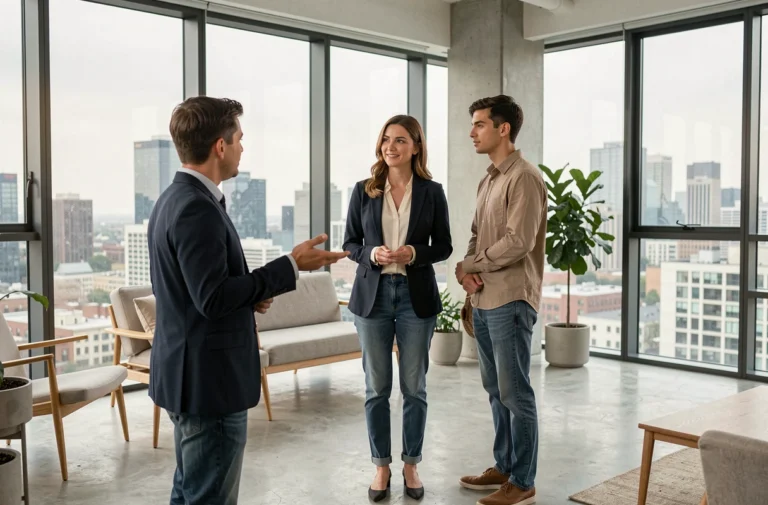 Agent immobilier présentant un appartement moderne à un jeune couple lors d'une visite immobilière en 2024