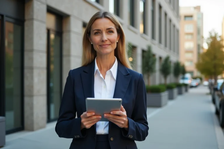 Agente immobilière professionnelle tenant une tablette devant un immeuble résidentiel moderne en milieu urbain
