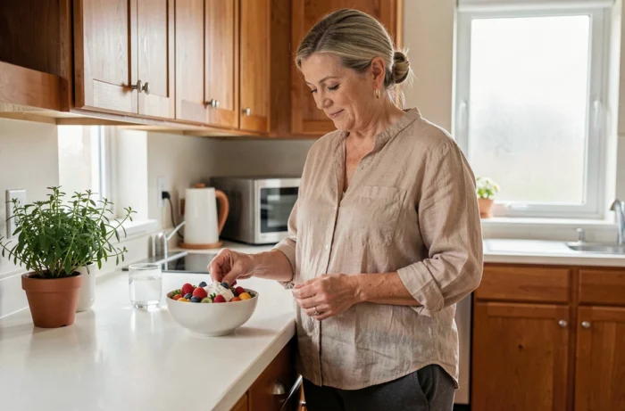 Femme en récupération après ablation des ovaires et des trompes préparant un repas sain et léger dans sa cuisine, alimentation adaptée à la convalescence