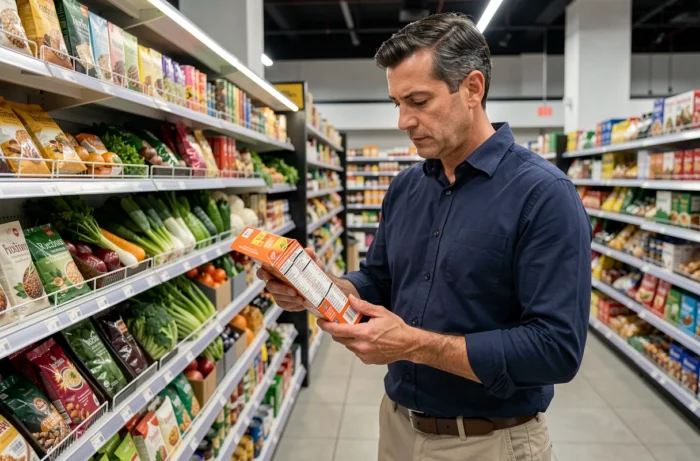 Homme lisant les étiquettes nutritionnelles dans un supermarché pour faire des choix alimentaires sains au quotidien