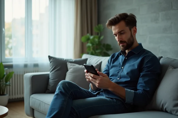 Homme utilisant une application alternative à StoriesIG pour visionner des stories Instagram anonymement dans un salon moderne