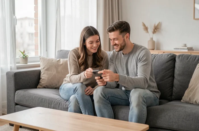 Deux amis consultant ensemble les demandes et abonnements Instagram sur un smartphone dans un salon moderne
