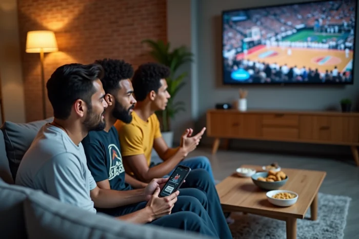 Groupe d'amis regardant un match de sport en streaming sur une télévision dans un salon moderne