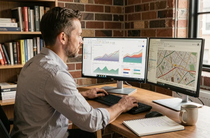 Analyste immobilier masculin étudiant les tendances du marché immobilier sur ordinateur dans son bureau