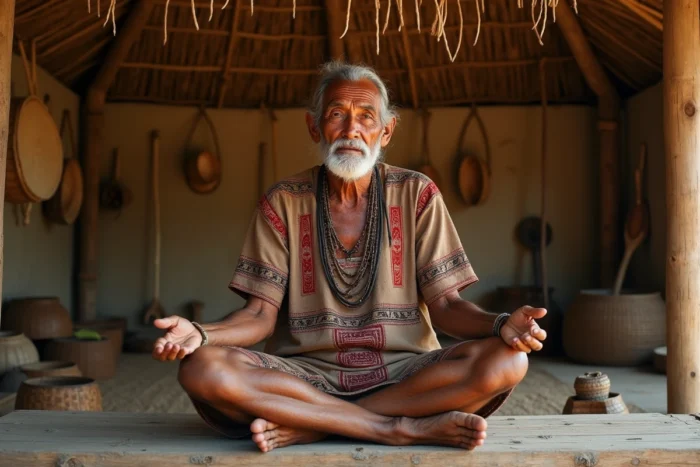 Ancien du peuple Kalina assis dans une case traditionnelle, gardien de la mémoire et des origines culturelles du peuple Kaatsup en Amazonie