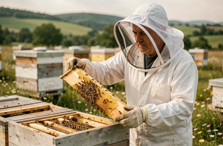 Apiculteur en combinaison de protection inspectant un cadre de ruche recouvert d'abeilles dans un rucher de campagne française