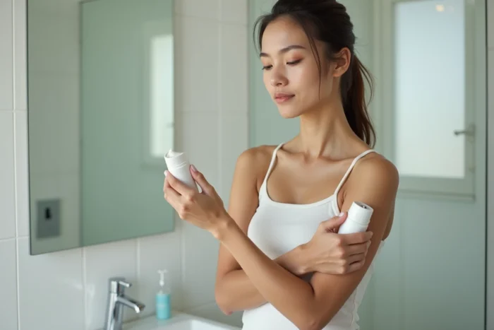 Femme appliquant un déodorant antiperspirant sous l'aisselle dans une salle de bain moderne pour prévenir la trichobactériose