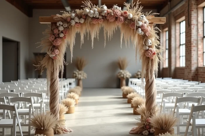 Arche de cérémonie de mariage en bois avec fleurs séchées dans un loft industriel décoré avec élégance