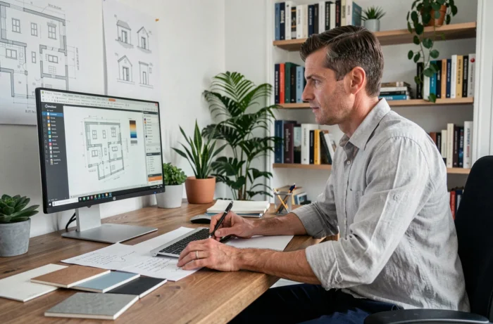 Architecte analysant des plans immobiliers numériques dans un bureau moderne, entouré de maquettes et de matériaux de construction