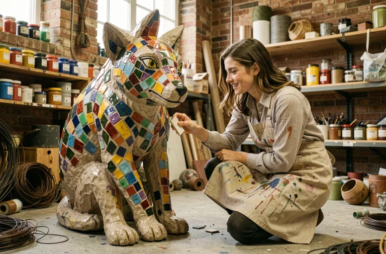 Jeune artiste créative travaillant sur une sculpture fantaisiste en mosaïque dans un atelier bohème encombré, illustrant l'univers décalé et imaginatif des Enfants Terribles