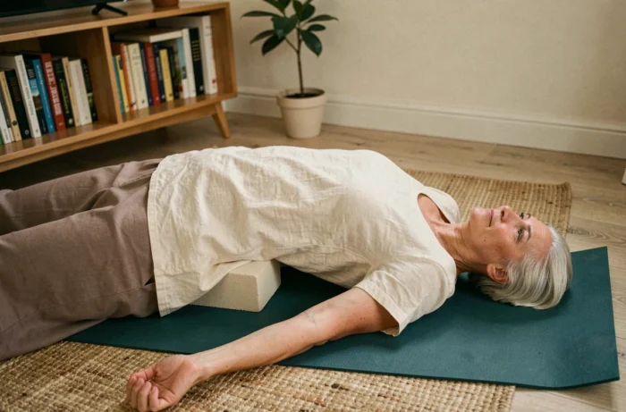 Femme en posture de pont soutenu avec bloc de yoga sur un tapis teal dans un intérieur cosy, représentant les asanas de restauration dans la structure d'une séance de yoga