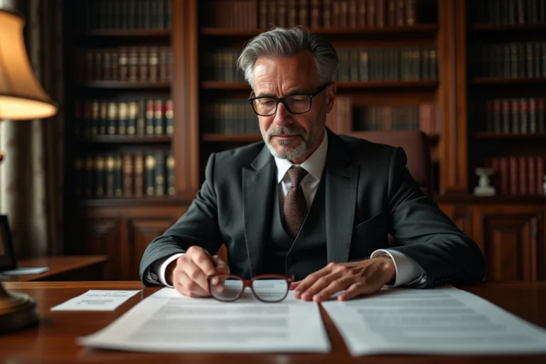 Avocat en costume gris examinant des documents juridiques relatifs aux droits patrimoniaux dans un bureau garni de livres de droit