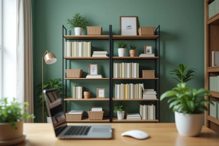 Bibliothèque modulaire bien organisée contre un mur vert sauge dans un bureau à domicile moderne