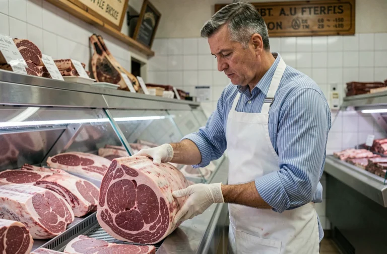 Boucher professionnel sélectionnant une pièce d'agneau fraîche dans une boucherie traditionnelle pour préparer des merguez maison