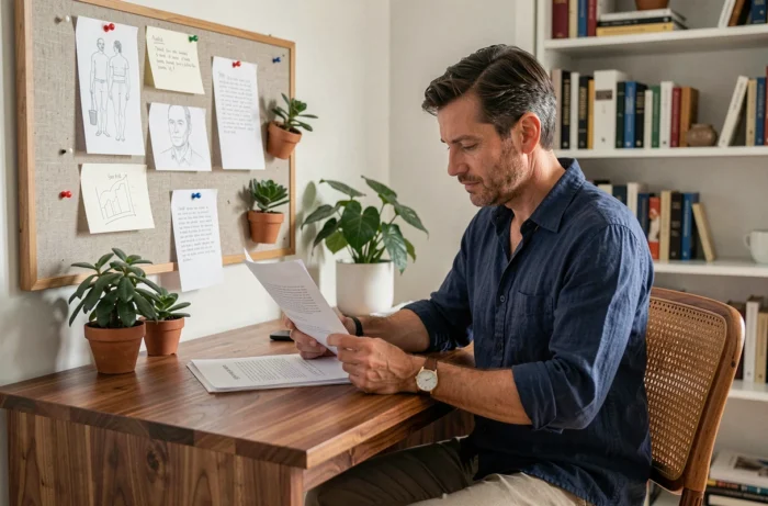 Homme travaillant dans un bureau à domicile organisé avec bureau en noyer et tableau en lin dans un appartement