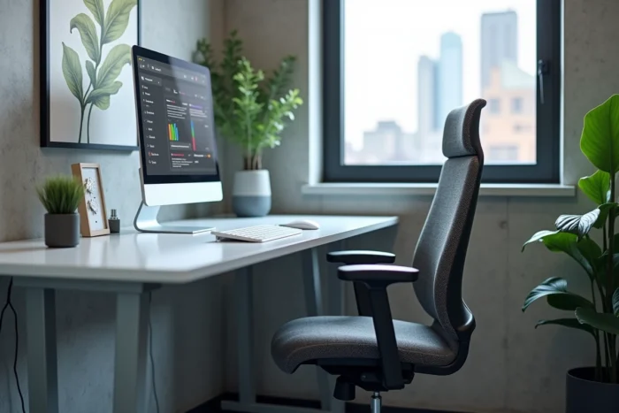 Bureau ergonomique moderne avec moniteur, chaise confortable et décoration botanique dans un espace de travail professionnel