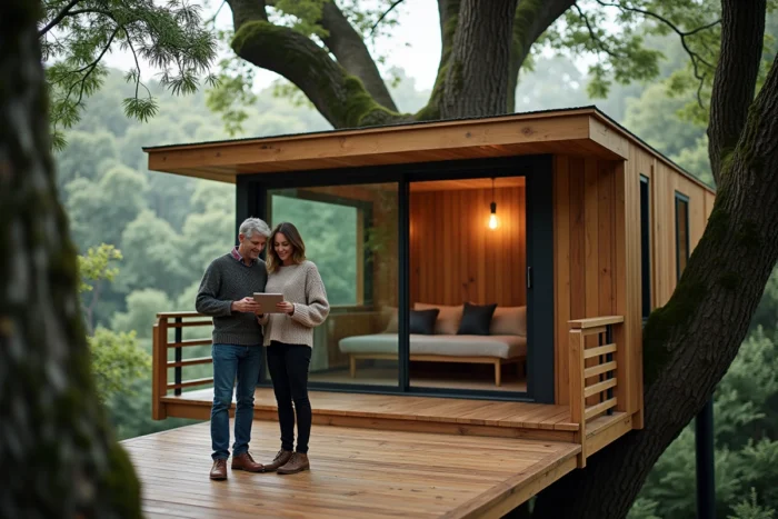 Couple sur la terrasse d'une cabane dans les arbres atypique en forêt, consultant une tablette pour un projet immobilier original