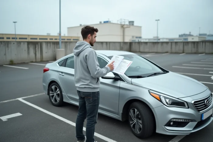 Jeune homme consultant une check-list avant son examen pratique de permis de conduire dans un parking d'entraînement