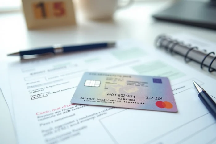 Vue aérienne d'une carte d'identité française posée sur un bureau avec un formulaire et un calendrier, symbolisant la vérification de la date d'expiration du document