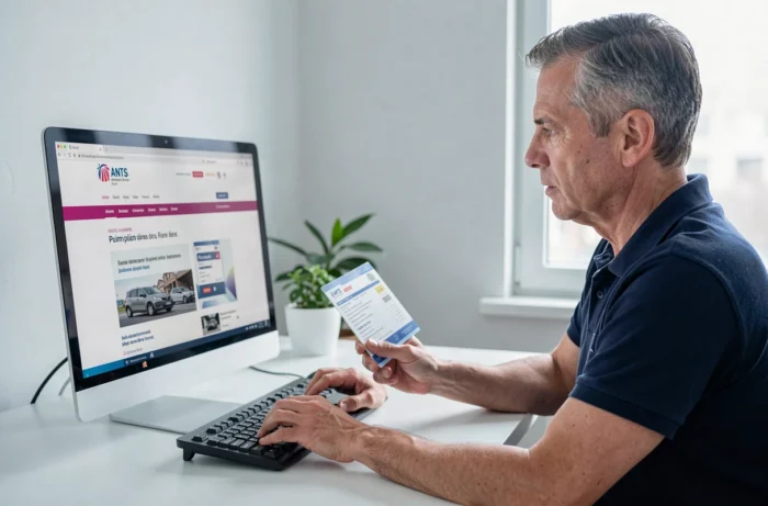 Homme effectuant le changement de carte grise en ligne sur le site de l'ANTS depuis son bureau