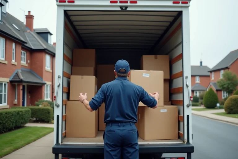 Déménageur professionnel chargeant des cartons dans un camion 10 m3 blanc garé dans une rue résidentielle