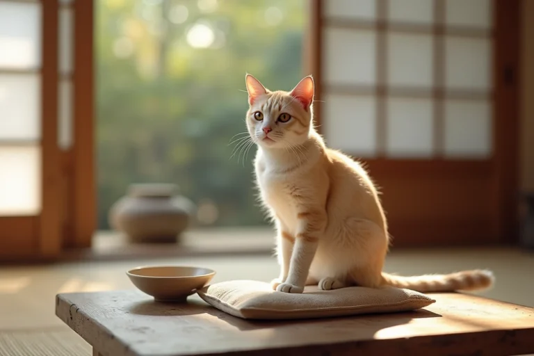 Chat beige et blanc assis dans un salon de thé japonais traditionnel, symbolisant la sérénité et la chance dans la culture asiatique