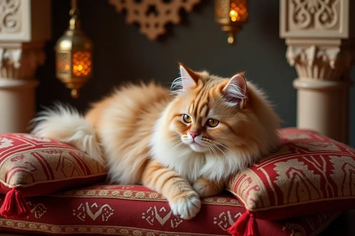 Chat persan beige et blanc allongé sur un coussin brodé dans un intérieur oriental, illustrant la symbolique du chat dans les cultures du Moyen-Orient