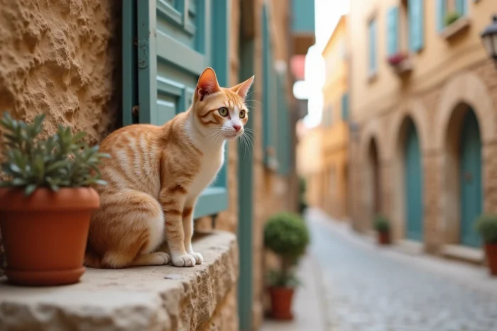 Chat beige et blanc posé sur un muret de village méditerranéen, évoquant les superstitions et symboles liés aux chats en Europe