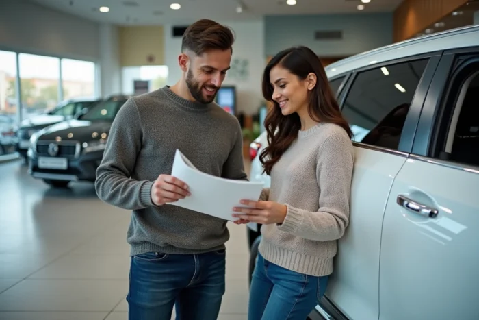 Couple en train de choisir un SUV blanc dans une concession automobile en consultant une brochure