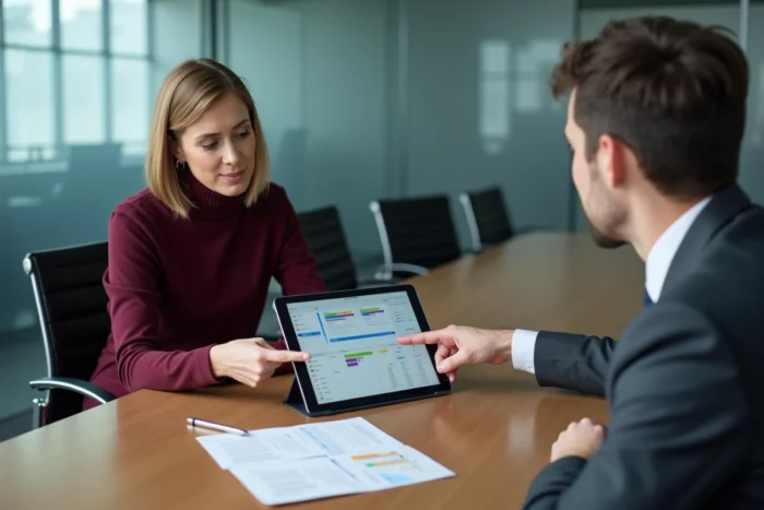 Deux professionnels collaborant autour d'une tablette affichant un outil de gestion du poste client en salle de réunion