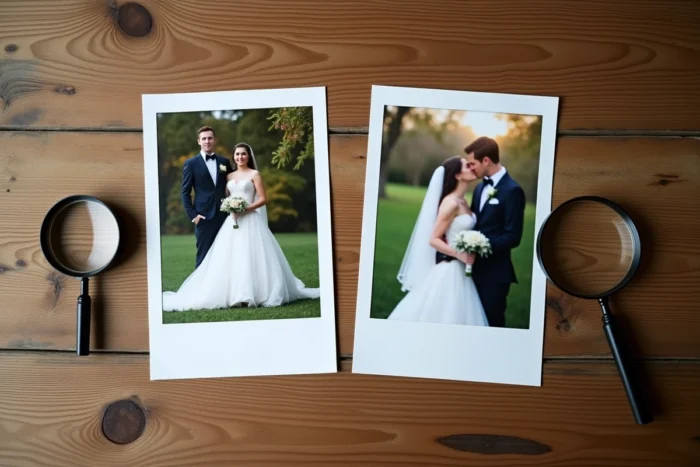 Comparaison côte à côte d'une photo officielle de mariage et d'une photo volée posées sur une table en bois rustique