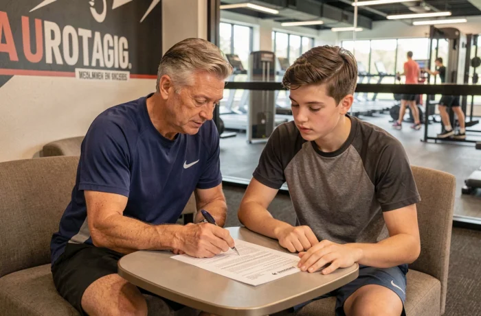 Parent et adolescent examinant ensemble le contrat d'adhésion Basic Fit avec les conditions d'âge requises