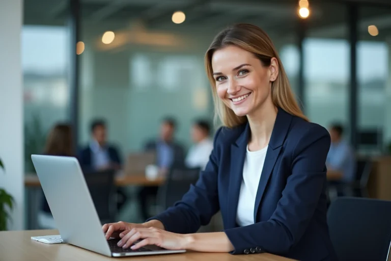 Femme professionnelle connectée à une plateforme de gestion du poste client sur son ordinateur portable en open space