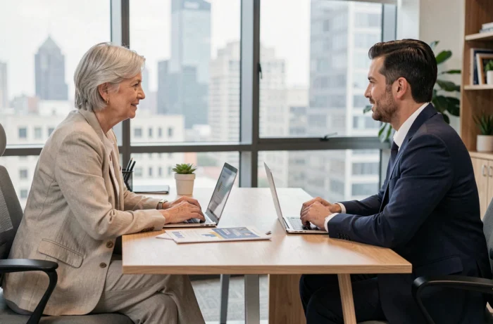 Femme senior en rendez-vous avec un conseiller financier pour préparer sa retraite