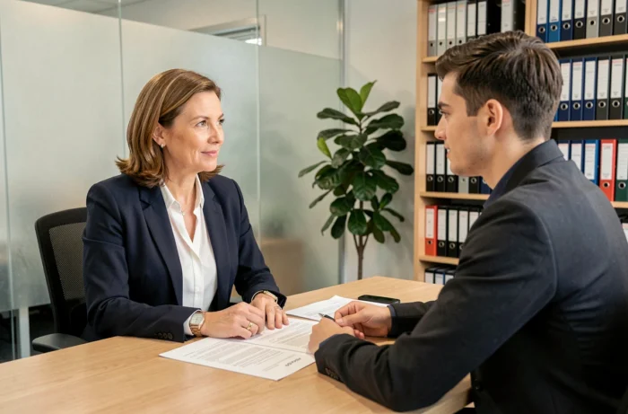 Conseillère bancaire expliquant les modalités d'un prêt modulable à un client dans une agence