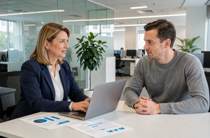 Conseillère bancaire présentant une simulation de prêt immobilier à un client dans une agence
