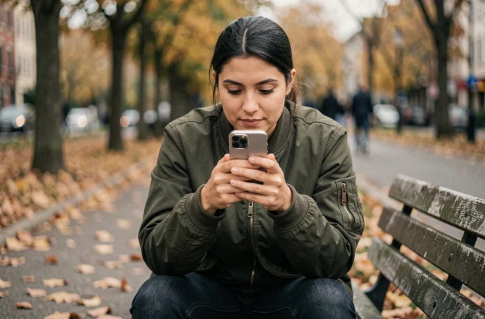 Personne consultant anonymement des stories Instagram d'une marque sur smartphone dans un parc urbain en automne