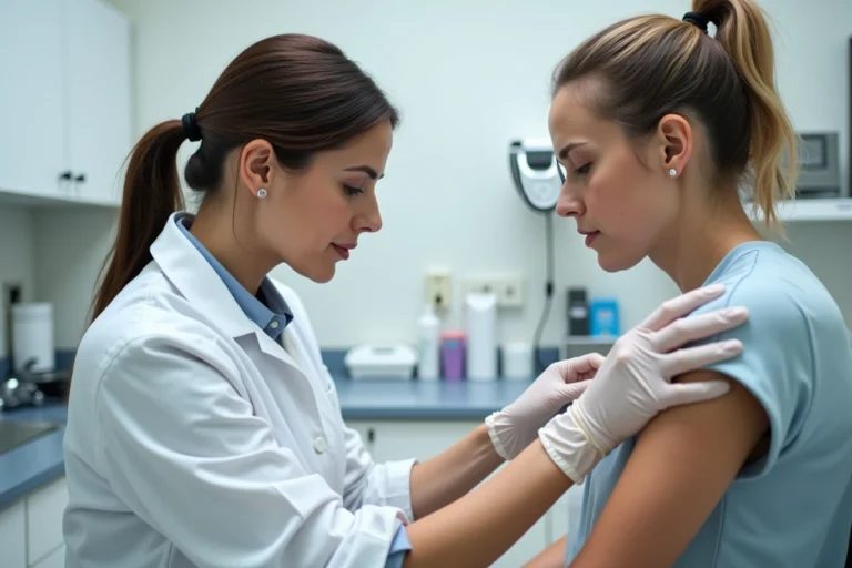 Dermatologue examinant une zone aisselle d'un patient lors d'une consultation médicale pour trichobactériose