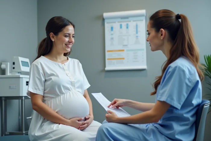 Sage-femme expliquant les signes du travail à une femme enceinte lors d'une consultation prénatale en salle d'examen