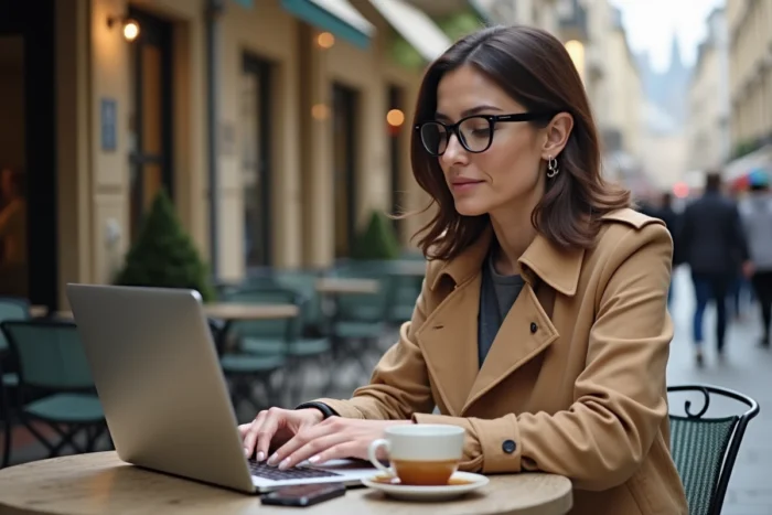 Femme naviguant sur un outil de visualisation de stories Instagram en toute discrétion depuis un café en ville