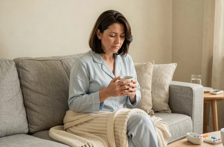 Femme en convalescence après une opération gynécologique, assise sur un canapé avec une tasse de tisane et un pilulier, ambiance de repos à domicile