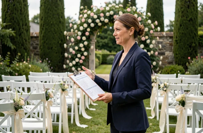 Coordinatrice de mariage vérifiant les détails d'une cérémonie en plein air dans un jardin à la française avec des chaises décorées de rubans et de fleurs